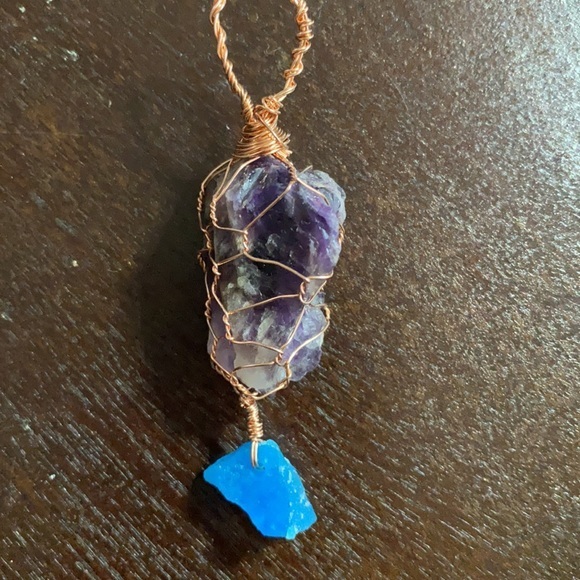 amethyst & aquamarine rough stone copper pendant - Picture 1 of 8